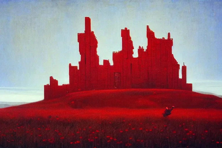 Image similar to only with red, red flowers of different types, red castle in background, red medieval goblins, in the style of beksinski, parts by edward hopper, parts by rodcenko, parts by yue minjun, intricate and epic composition, red by caravaggio, insanely quality, highly detailed, masterpiece, red light, artstation, 4 k