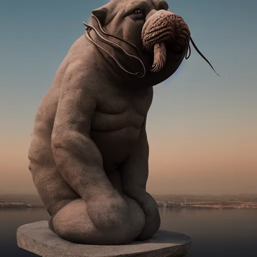 Image similar to a colossa statue of a walrus, intricate artwork by beeple, third person, beautiful, full view, cinematic lighting, octane render, trending on artstation, greg rutkowski very coherent artwork. cinematic, hyper realism, high detail, octane render, 8k