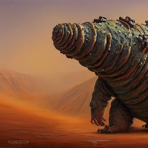 Prompt: realistic painting of a tardigrade kaiju, with 6 legs in a desert storm, by james gurney, slime, big globule eye, godzilla, vintage, concept art, oil painting, tonalism, crispy