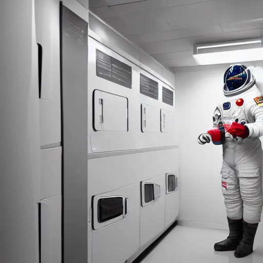 Image similar to a beautiful photo of an astronaut waiting in an self-service automatic laundry room, soft light, morning light, photorealistic, realistic, octane, 8k, cinematic shot