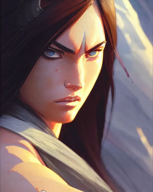 Image similar to azctec warrior, megan fox, detailed perfect face, exquisite details, fire magic, mid view, design on a white background, by studio muti, greg rutkowski makoto shinkai takashi takeuchi studio ghibli