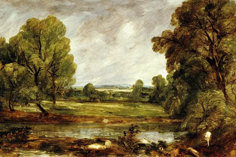 Image similar to ‘ a painting of a pastoral country landscape with a river by john constable ’