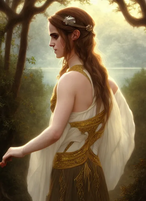 Image similar to emma watson as magic healer goddess, long hair, white and gold cloth, lake in the forest, D&D, shiny background, intricate, elegant, highly detailed, digital painting, artstation, concept art, smooth, sharp focus, illustration, artgerm, bouguereau