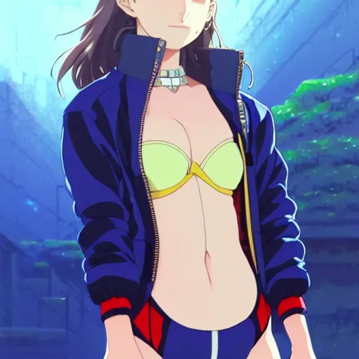 Image similar to a beautiful natalie portman as an anime boy gravure model, wearing oversized mayan bomber jacket and leotard with overalls, bulky poofy bomber jacket with mayan patterns, aztec street fashion, gapmoe yandere grimdark, trending on pixiv fanbox, painted by greg rutkowski makoto shinkai takashi takeuchi studio ghibli, akihiko yoshida