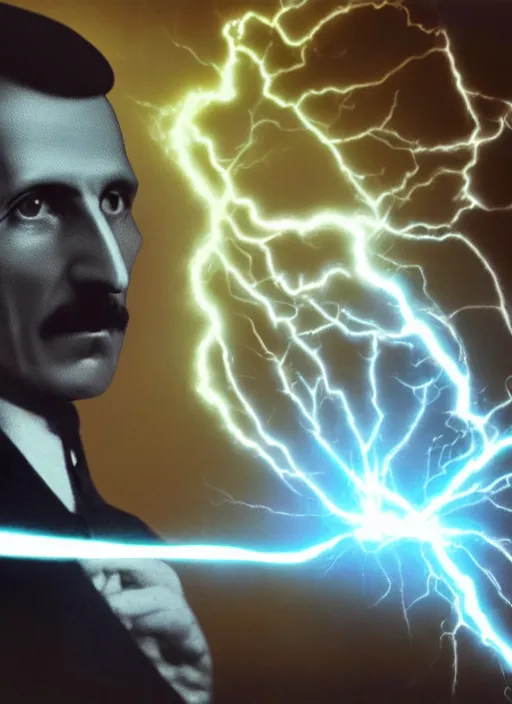 Image similar to color photograph of Nikola Tesla Nikola Tesla holding a futuristic tesla gun with lightning, futuristic, tesla coil, futuristic weapon, dynamic lightning, 4k, hyper realistic, modern photograph, digital art