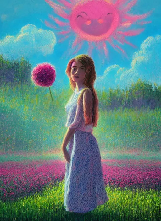 Image similar to girl with flower as a face, flower dress, standing in a flower field, big trees, sunrise dramatic light, impressionist painting, colorful clouds, digital painting, pointillism, artstation, simon stalenhag