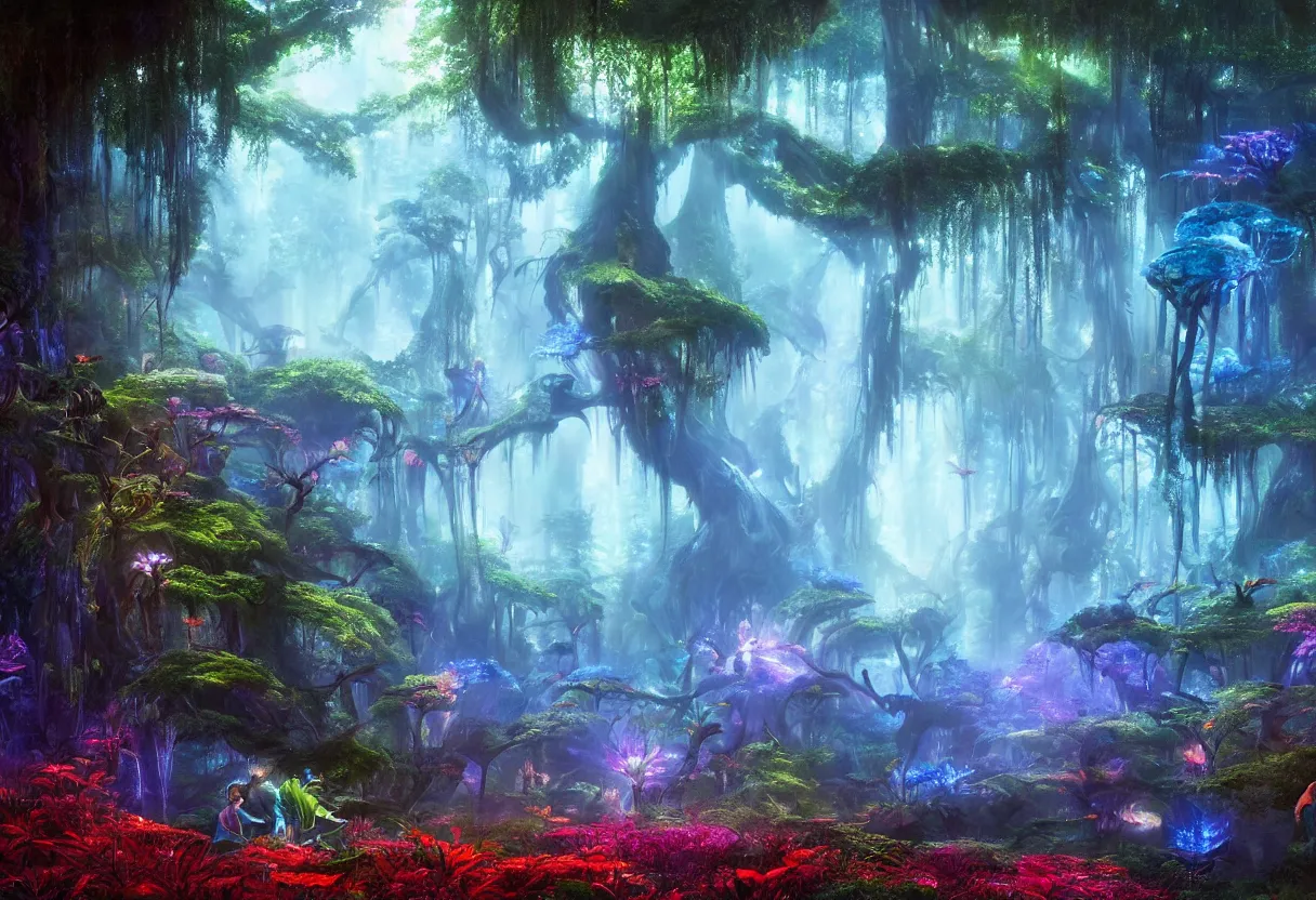 Prompt: A masterpiece digital art piece of a glowing magical forest from the movie Avatar. There are glowing blue plants, glowing red mushrooms, big trees and overhanging shrubbery. The air is fresh, stress-relieving. Heaven on earth. Trending on Artstation, cgsociety.