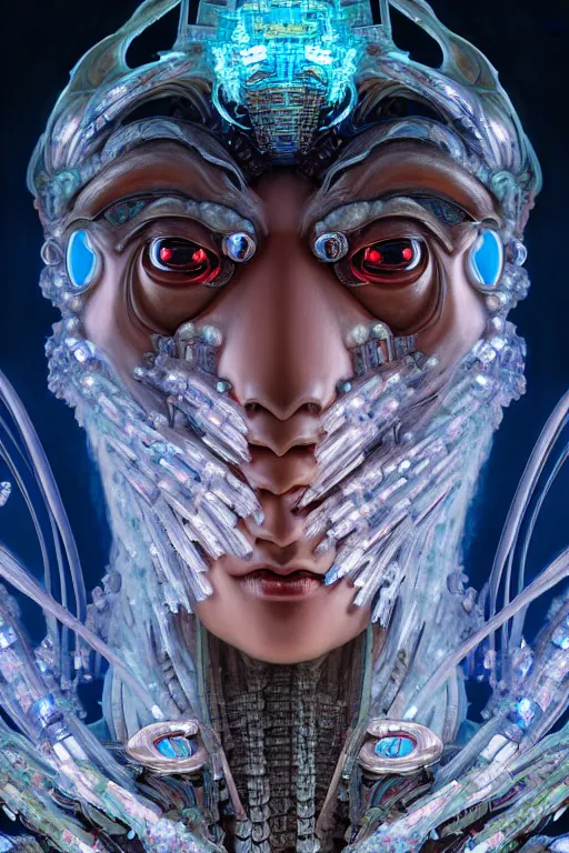 Image similar to asura from chinese myth, ghost, gorgeous and huge head ornaments, dystopian, cyberpunk, organic fractal mycelum and fungi, mecha, halfturn portrait of a big crystal face made of crystals half - turn, ominous, intricate, studio, art by anthony macbain + greg rutkowski + alphonse mucha, concept art, 4 k, sharp focus