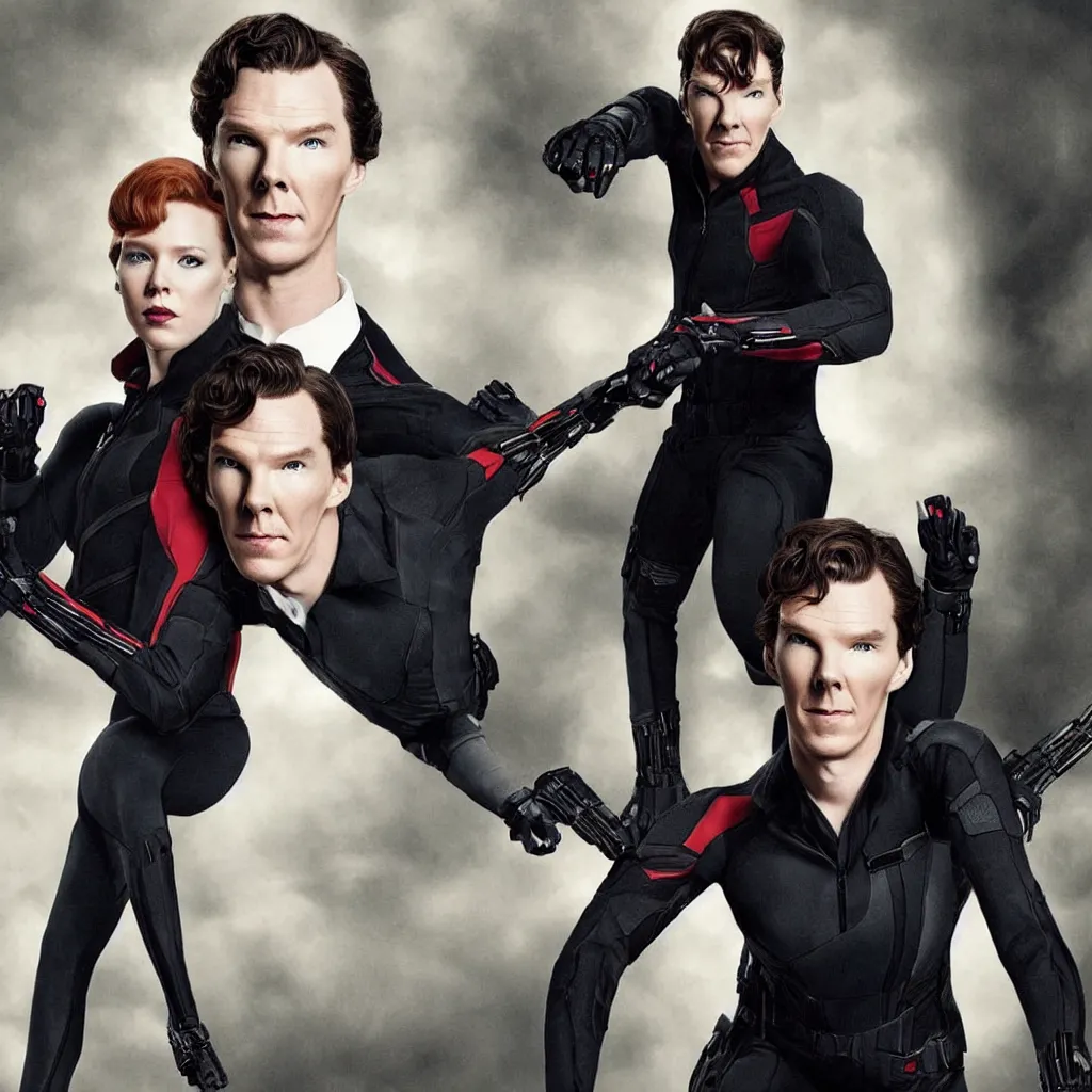 Prompt: benedict cumberbatch as black widow single man on photo