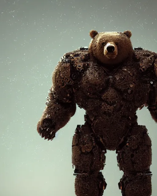 Image similar to a full body shot of an imposing cyborg ( bear ) modeled after a bear looking into the camera, android, cyborg, full body shot, intricate, 3 d, hyper realism, symmetrical, octane render, strong bokeh, fantasy, highly detailed, depth of field, digital art, artstation, red, concept art, cinematic lighting, trending