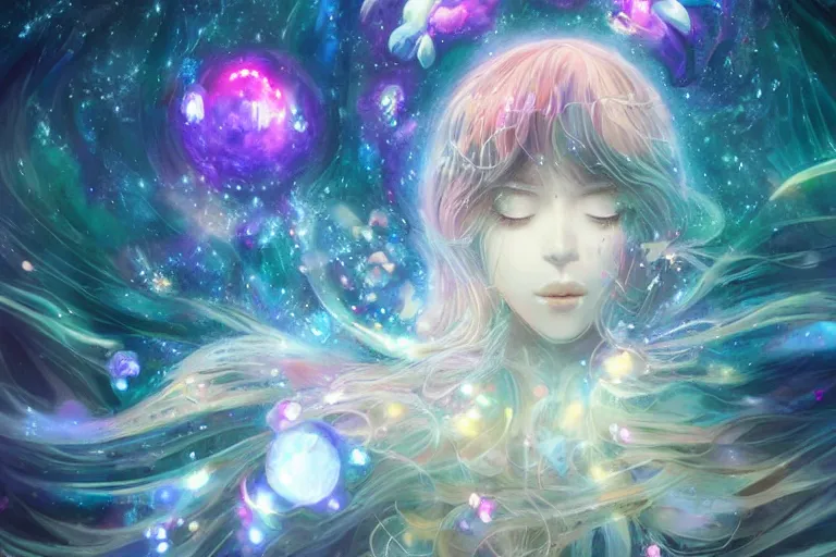 Prompt: yoni, yoni art, psychedelic, whimsical, anime, 4k, beautiful, a crystal and flower, reflective pool, surrounded by gems, underneath the stars, rainbow fireflies, trending on patreon, deviantart, twitter, artstation, volumetric lighting, heavy contrast, art style of Greg Rutkowski and Miho Hirano and Ross Tran