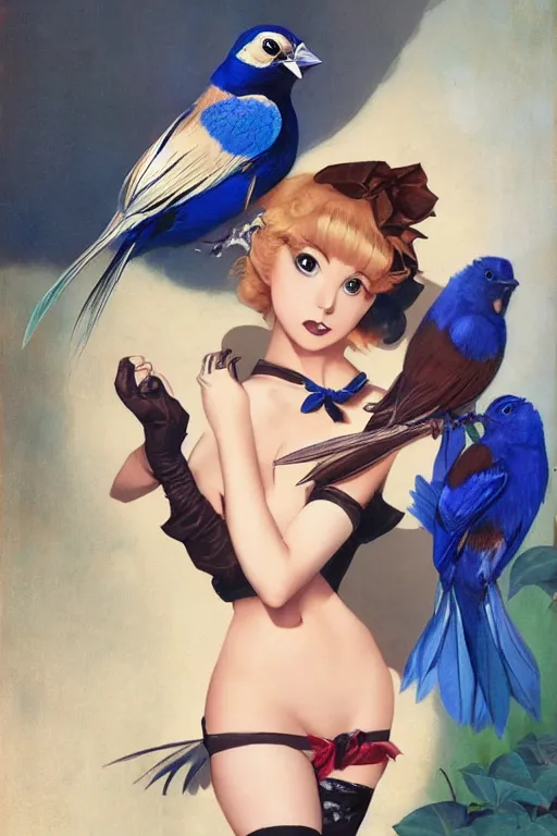 Image similar to anime pinup girl holding an indigo bunting, bird, the bird is wearing a bowtie, by greg rutkowski, rossdraws, gil elvgren, enoch bolles, anime, porcelain skin, very coherent