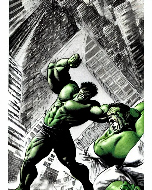 Image similar to a low angle perspective of the incredible hulk on a rampage in new york city by joe jusko. dramatic lighting. action and destruction.