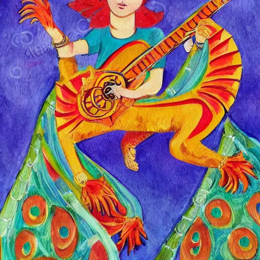 Prompt: russian dragon playing balalika guitar, childrens painting ,