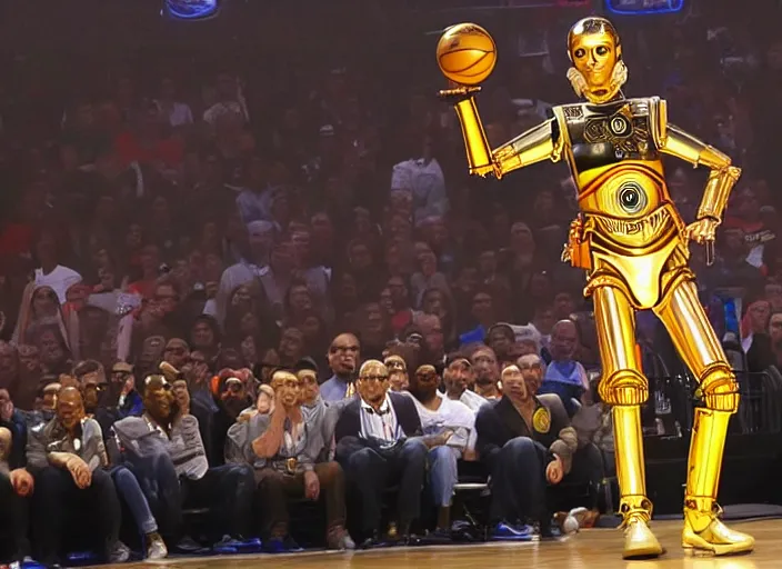 Image similar to ESPN still of C-3PO playing in the nba playoffs live on espn, 4k