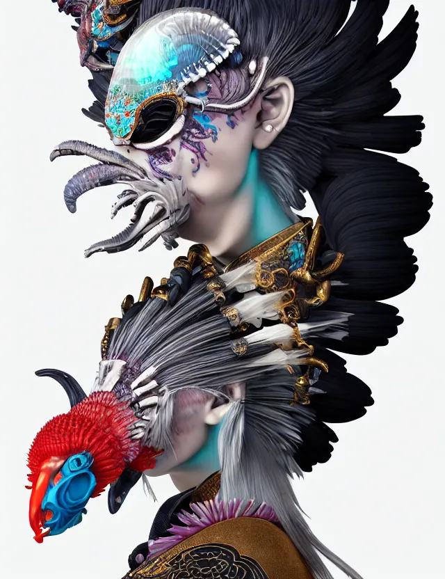 Image similar to 3 d goddess close - up profile portrait punk with mohawk with ram skull. beautiful intricately detailed japanese crow kitsune mask and clasical japanese kimono. betta fish, jellyfish phoenix, bio luminescent, plasma, ice, water, wind, creature, artwork by tooth wu and wlop and beeple and greg rutkowski