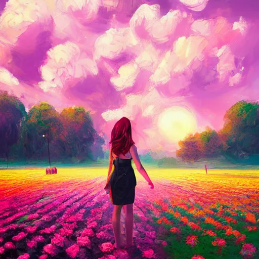 Image similar to large rose face, girl standing in a flower field, surreal photography, sunrise dramatic light, impressionist painting, colorful clouds, digital painting, artstation, simon stalenhag