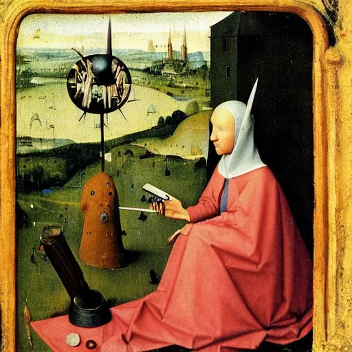 Prompt: woman recording her first tik tok video ever, 1 4 3 0, medieval by hieronymus bosch