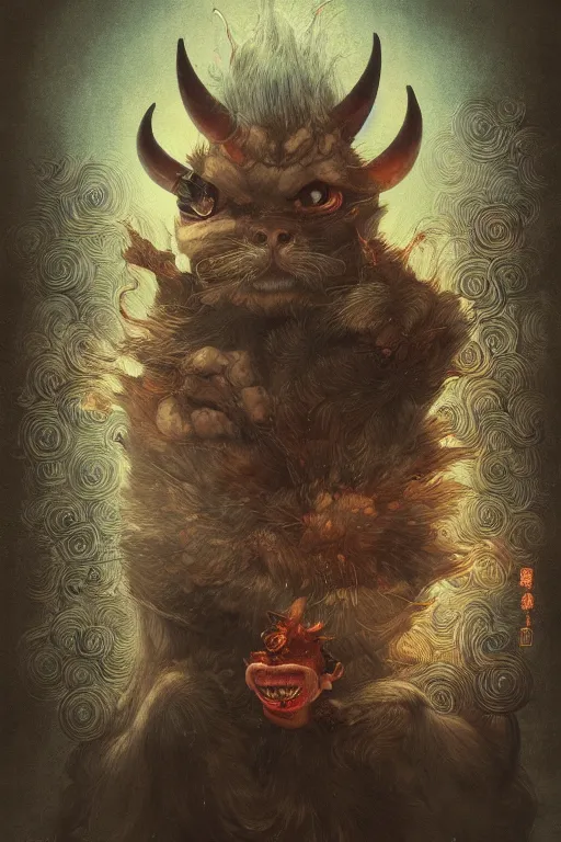 Image similar to a portrait of a drunk japanese devil animal illustrated by miyazaki by karol bak, james jean, tom bagshaw, rococo, sharp focus, trending on artstation, cinematic lighting, hyper realism, octane render, 8 k, hyper detailed, vivid, ultra detailed, highly detailed