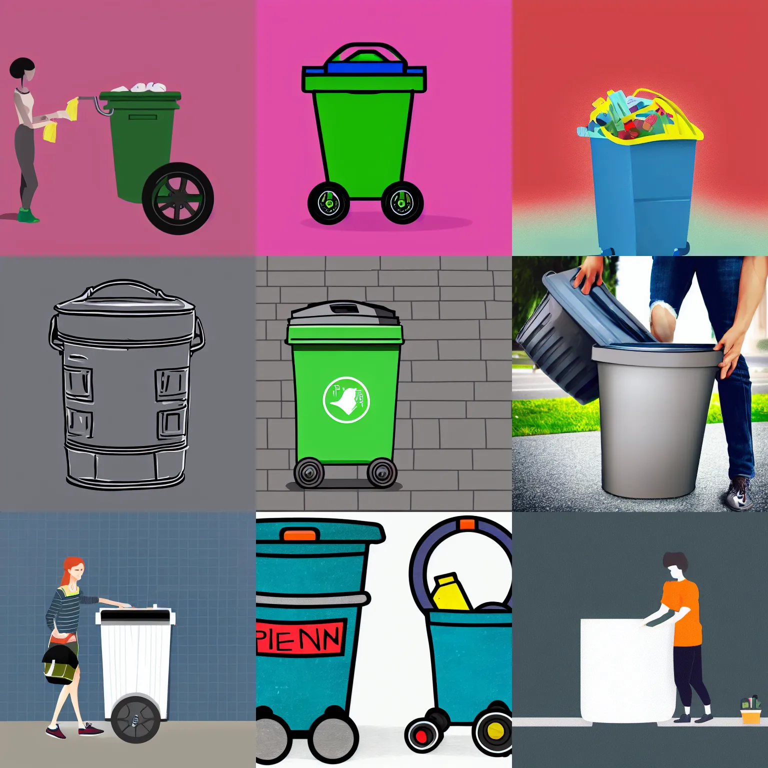 Prompt: garbage wheel bin, person putting bag into bin, digital Illustration