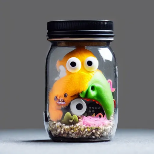 Prompt: cute monster in a jar, product photography, centered, studio lightning