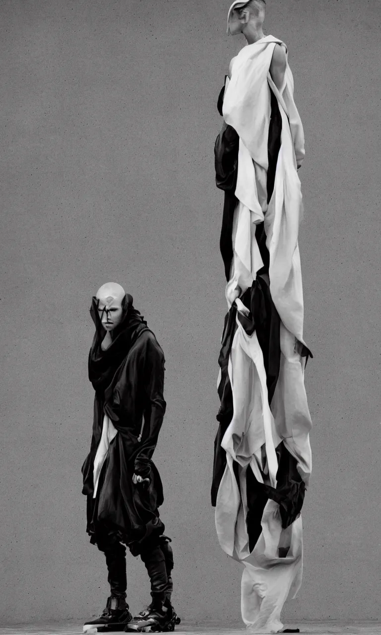 Prompt: a single beautiful model, Rick Owens look and clothes, there is only a single person in the entire image, avant garde fashion, Y3, trending on r/streetwear, fit pic, rule of thirds,