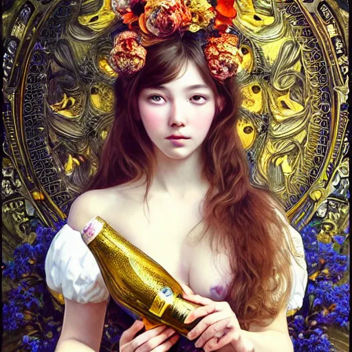 Image similar to a masterpiece ultrarealistic ultradetailed portrait of beautiful girl in bunny costume sprinkling champagne baroque renaissance. medium shot, intricate, elegant, by stanley artgerm lau, wlop, alphonse mucha, rossdraws, andrei riabovitchev, yoshitaka amano. flower background my james jeand and takashi murakami.