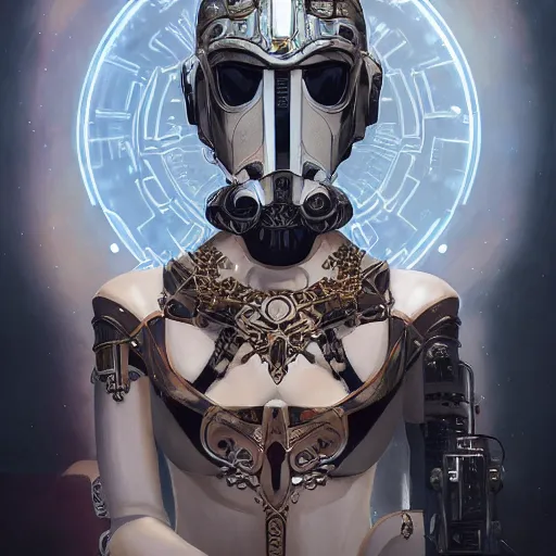 Prompt: a cyborg empress with mask, art nouveau ivory accessories, star wars, cyberpunk, darksynth, luxury, concept art by jama jurabaev, extremely detailed, ominous, ethereal, artstation, andree wallin, edvige faini, balaskas, alphonse mucha, symmetry