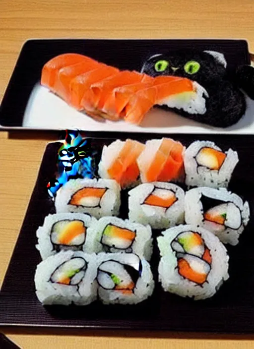 Image similar to clear photorealistic picture of adorable cats made out of sushi