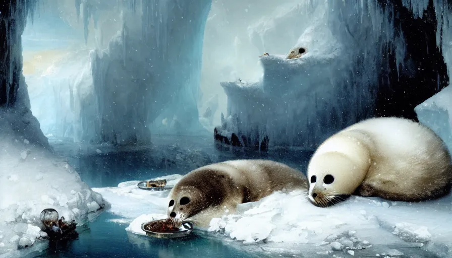 Image similar to highly detailed painting of cute furry white baby seals eating fish inside a snowy fantasy ice crystal cavern by william turner, by greg rutkowski, by william constable, thick brush strokes and visible paint layers, 4 k resolution