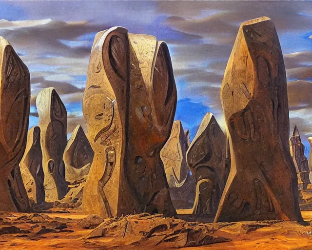 Image similar to strange cyberpunk pagan giant monument in the middle of the desert in the style of dali and bosch and moebius, oil painting