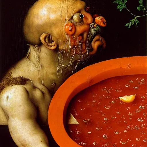 Image similar to a chef sitting in a bathtub full of tomato sauce, dinner is served, by giuseppe arcimboldo and ambrosius benson, renaissance, fruit, intricate and intense oil paint, realistic