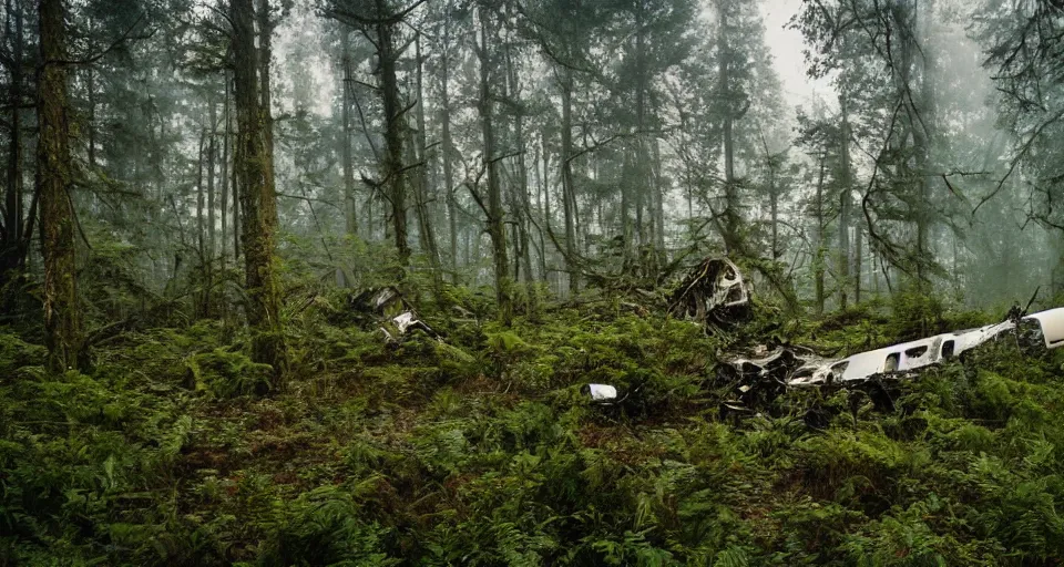 Image similar to a over grown old plane crash site in a forest, cinematic, epic lighting, over grown greenery