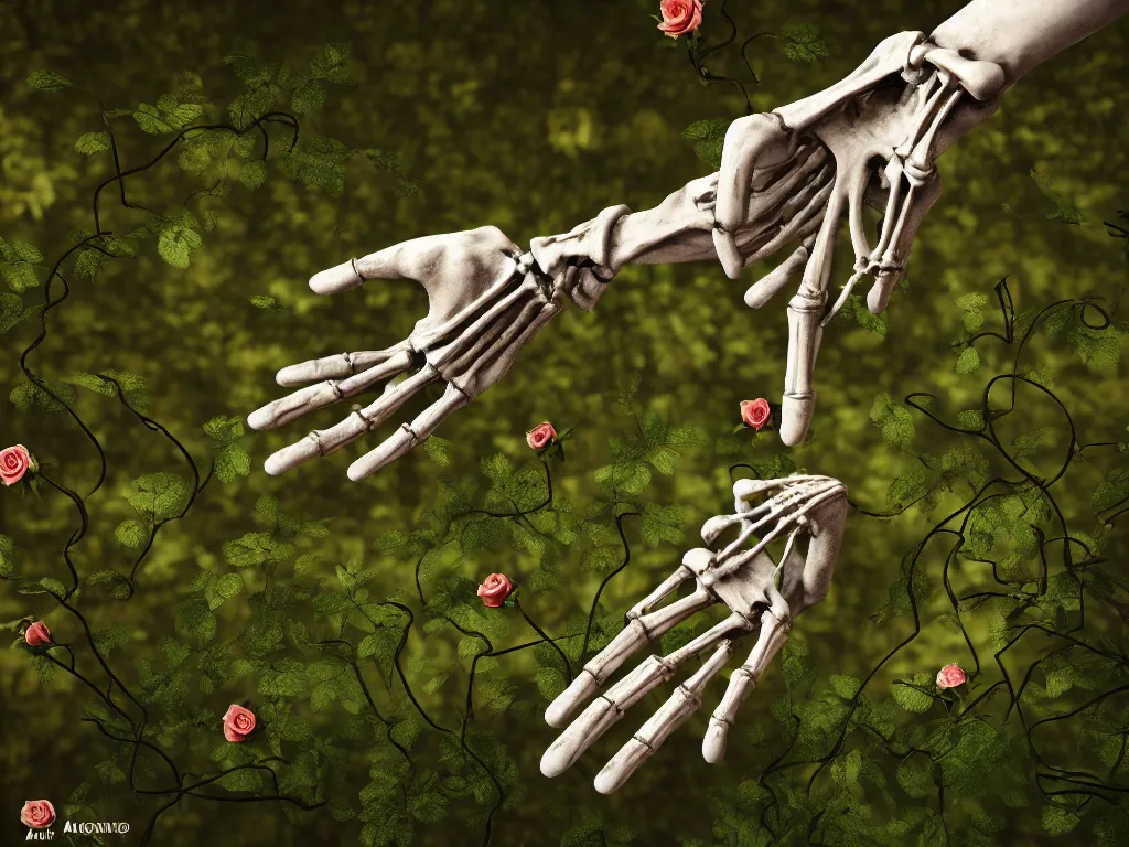 Image similar to a skeleton hand reaching out of the ground, roses and vines sprouting and wrapping around the hand, kintsugi, ornamented diaphanous jewelry, forest in background, 4k, trending on artstation, photorealistic, volumetric lighting, octane render,