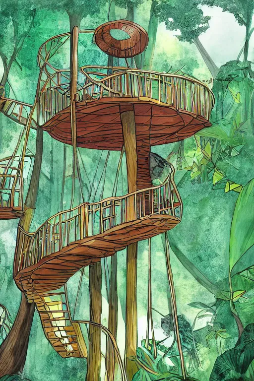 Prompt: tree house in the rainforest, spiral staircase, swings, garden, by alba ballesta gonzalez. 4 k wallpaper, digital flat 2 d, comic book, illustration, cinematic lighting, smooth sharp focus.