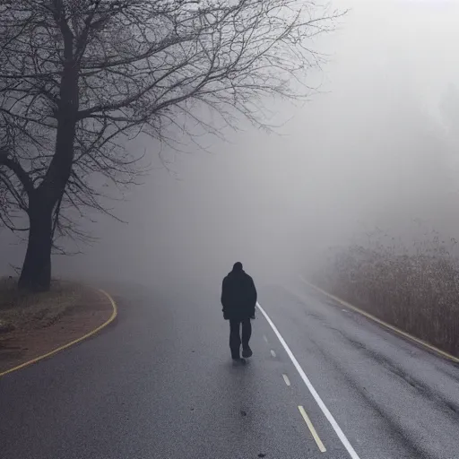 Image similar to mist, there\'s a shadowy figure on the road, with glowing eyes