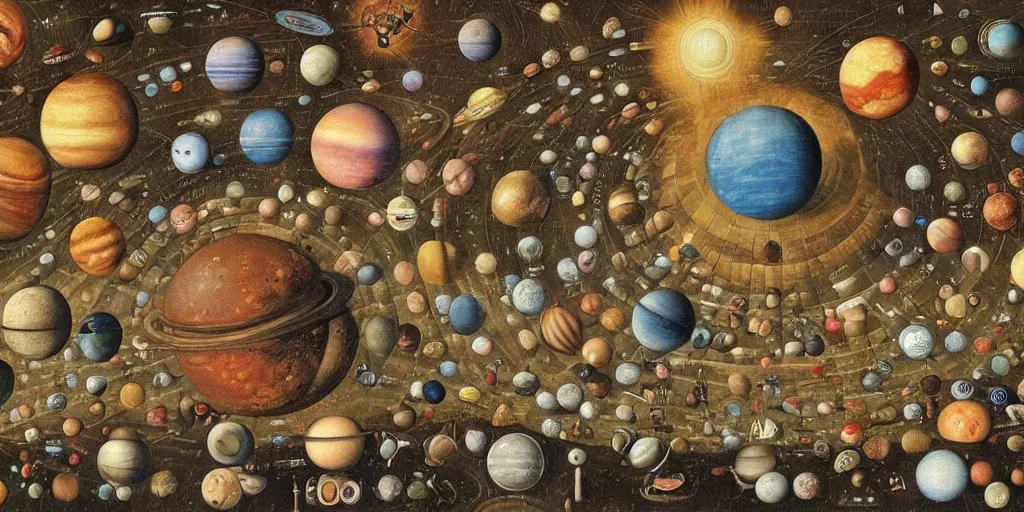 Image similar to the solar system in the style of heironymus bosch, intricate colorful masterpiece, hyper detailed, hd