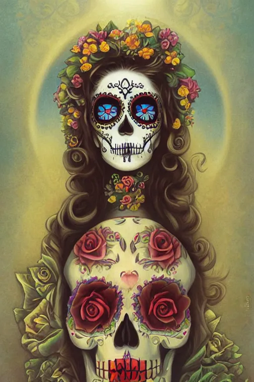 Prompt: Illustration of a sugar skull day of the dead girl, art by christopher vacher