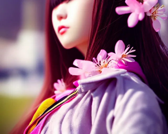 Prompt: close up portrait of an japanese gyaru with beautiful face and modern clothes, sakura blooming in the background, bokeh, depth of field, dramatic lighting, cinematic, vivid colors, matte painting, vivid color scheme, trending on artstation