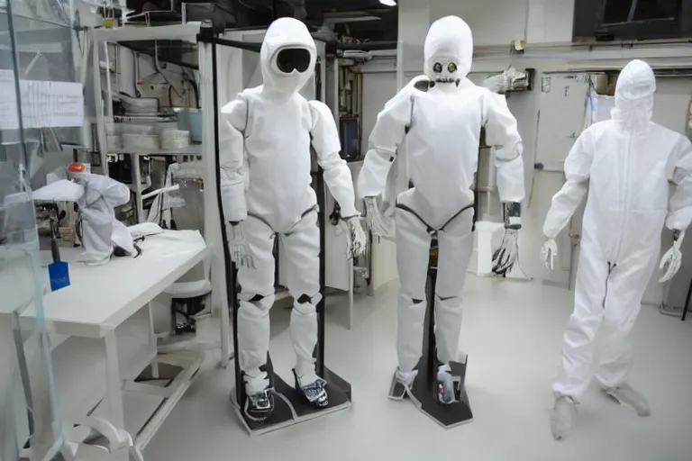 Image similar to man wearing hazmat suit in cleanroom 3D printing a large humanoid robot plastic skeleton. by Roger Deakins