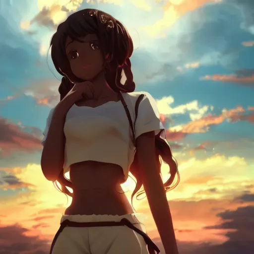 Image similar to a beautiful 3d brown anime girl, brown skin, black curly hair, Cinematic lighting, medium shot, in a anime masterpiece, highly detailed, artstation, unreal engine 4k, Cinematic wallpaper