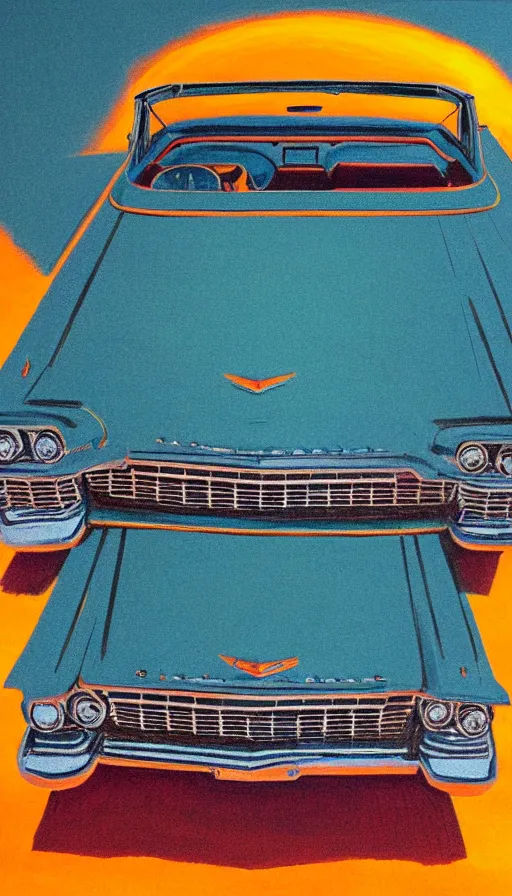 Prompt: far away, top down shot, 1 9 6 3 cadillac convertible driving down empty highway into a bright orange sunrise, oil pastel, high detail, realistic, vintage, sepia