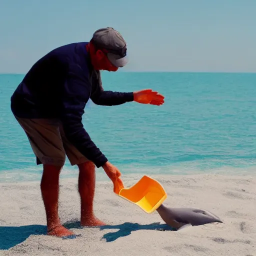 Prompt: A male human | Dolphins instead of hands | Takes sand out of his pockets and throwing it at the camera