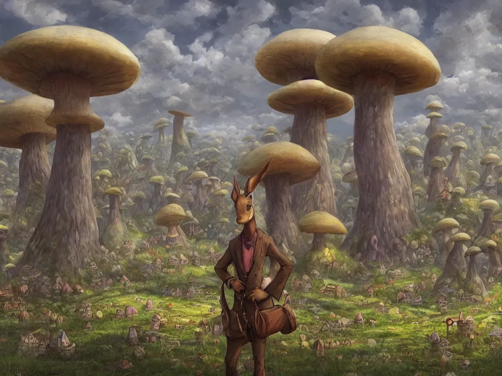 Image similar to A centered chest up portrait of an anthropomorphic mule, magic mushroom village in background, award winning. superb resolution. in the art style of junji Ito and greg rutkowski . Mule, Mule. Detailed Mushroom city in background. Hyper realistic anime. Perfect art. Dalle2