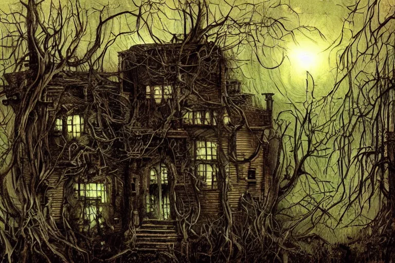 Image similar to mad horror painting of a futuristic alien witch house from another dimension in the woods by ben templesmith