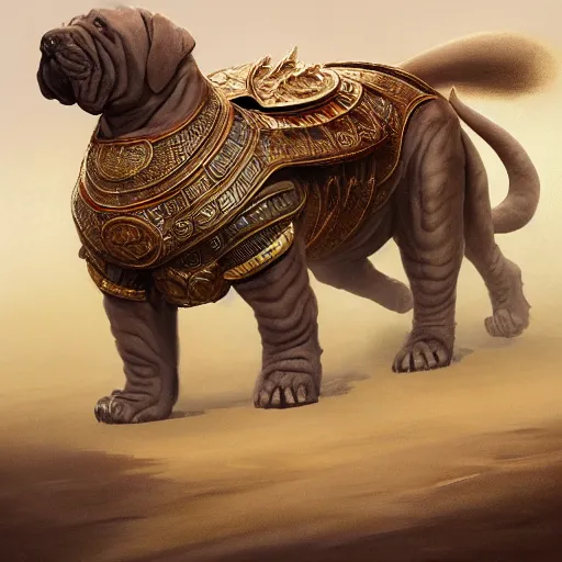 Image similar to A big shar pei dog wearing mesopotamian battle armor, D&D, highly detailed, digital painting, artstation, concept art, sharp focus, illustration, cinematic lighting, art by artgerm and greg rutkowski and alphonse mucha