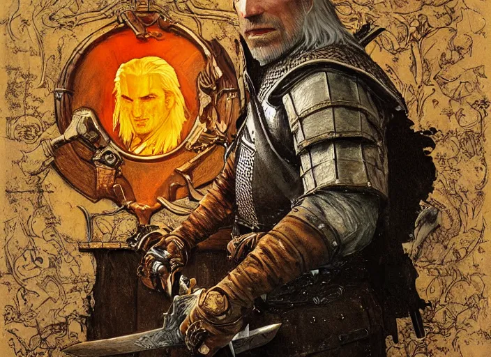 Image similar to geralt of rivia painting carved in amber by chiara bautista and norman rockwell and greg rutkowski weta studio