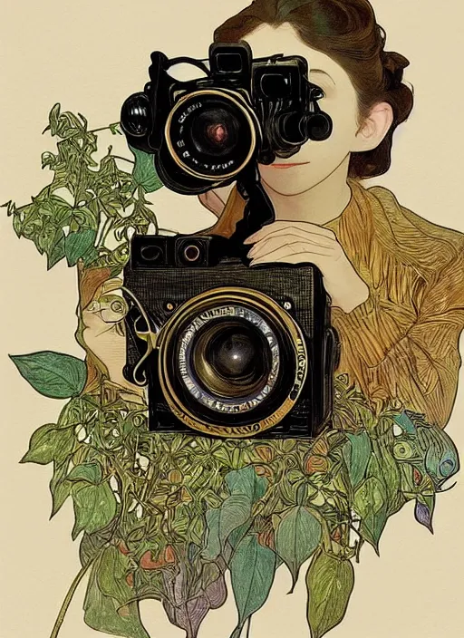 Image similar to photographer looking through a vintage camera, design on white background, beautiful details, lush foliage, gold, drawn by john singer sargent, studio ghibli, alphonso mucha, lolish, trending on artstation