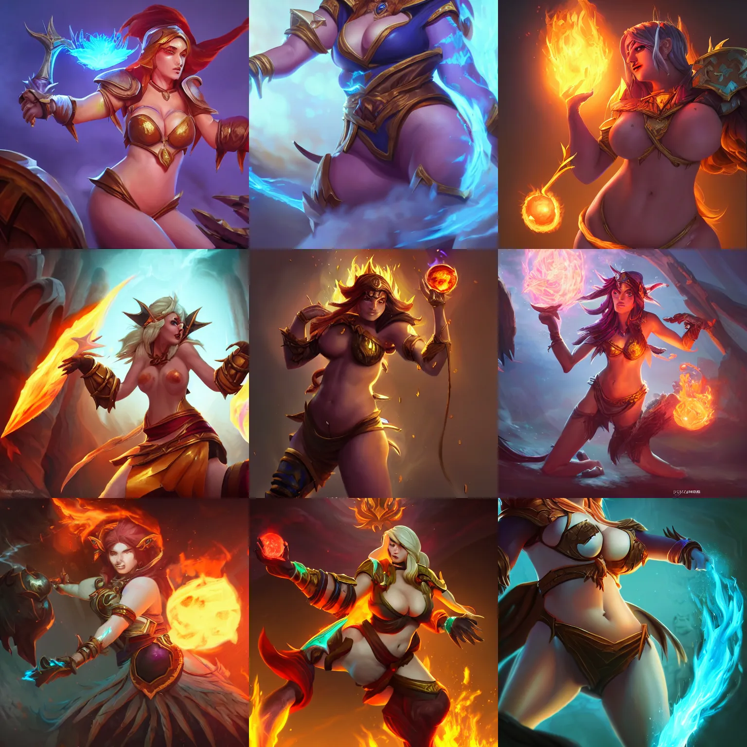 Prompt: The sorceress casting a fire ball, league of legends, strong fat bacchanalian body, highly detailed, digital painting, artstation, concept art, smooth, sharp focus, illustration, ArtStation, art by the best Hearthstone artist