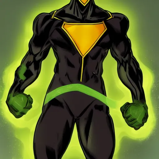 Image similar to dark - skinned superhero with a black suit and very minimal green details, his power comes from a ring that gives him mutant - like powers and a spectacular mask as a weapon he has an expandable staff. he wears no cape. he has a belt as a feline tail.